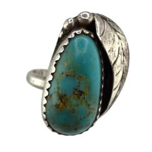 Vintage Native American Sterling Silver Turquoise Leaf Ring 6.5